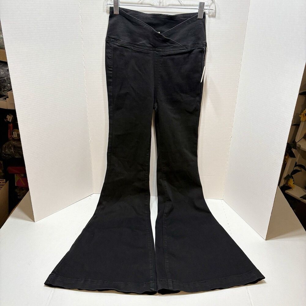 Free People We The Free Venice Beach Flare Jeans Black Crossover V-Waist Size 26